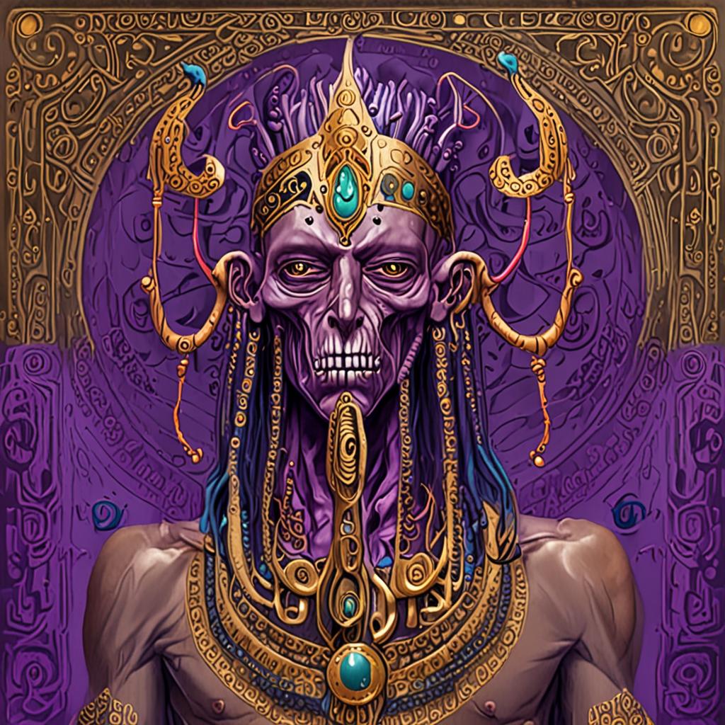 A painting depicts an eldritch Lovecraftian deity with purpl